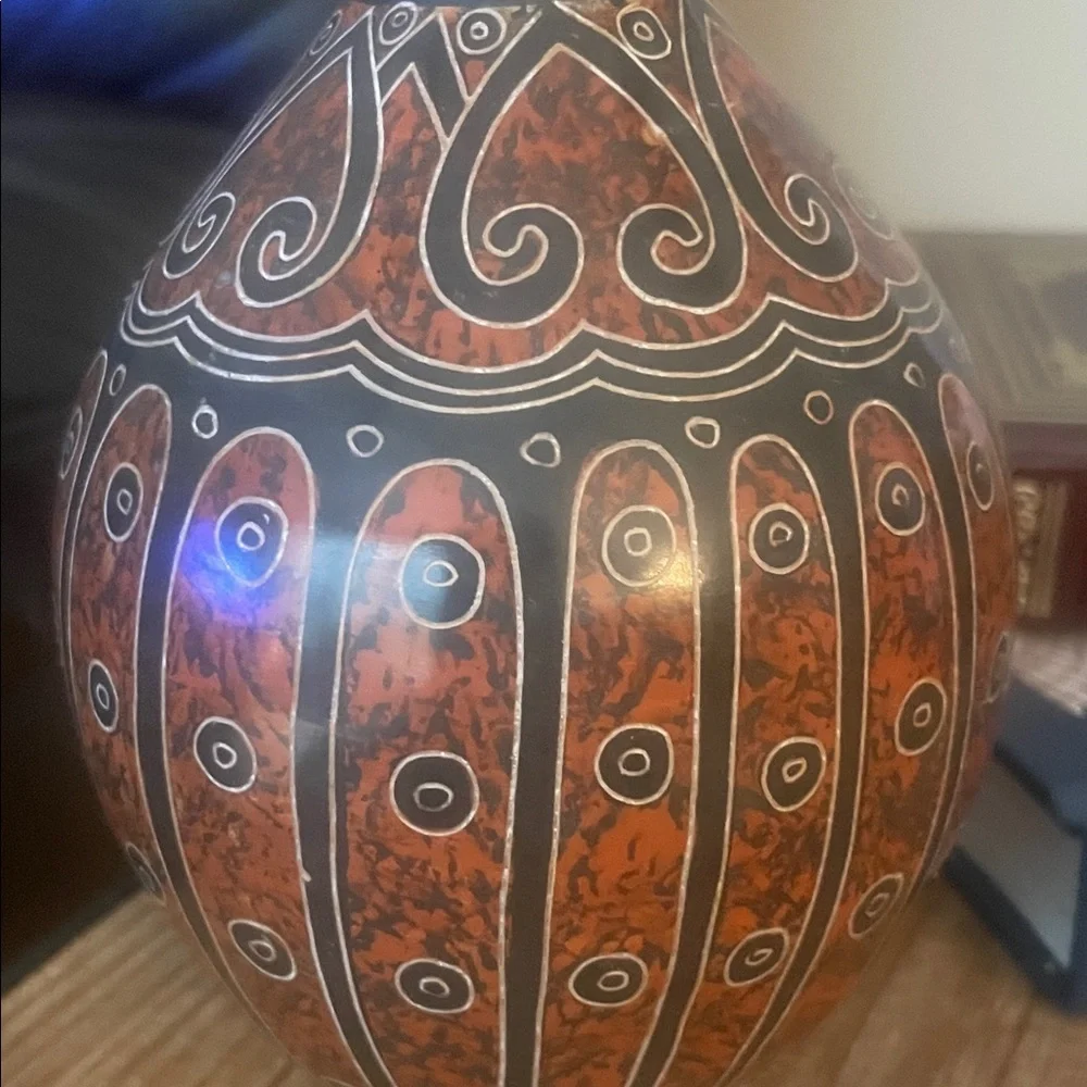 Hand-Painted signed Nicaraguan Orange and Black Decorative Ceramic Vase